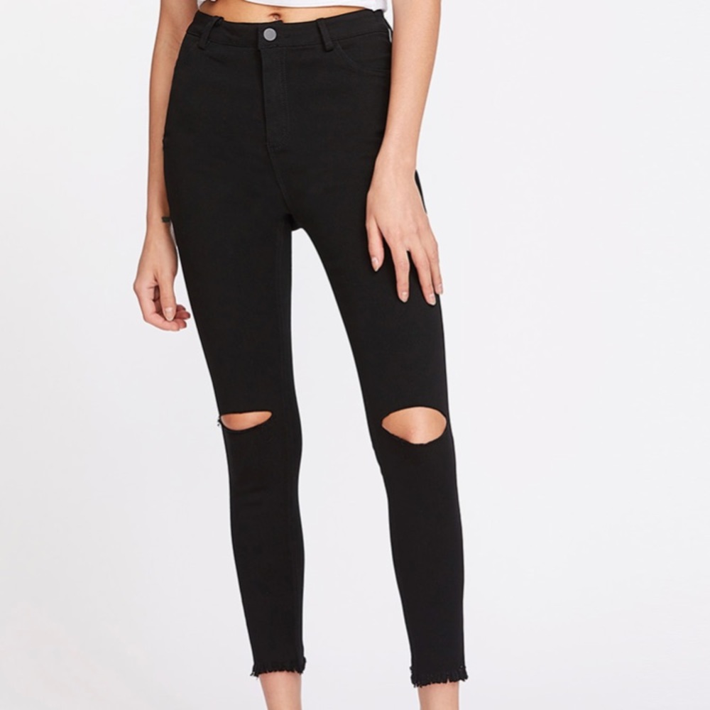 DISTRESSED HIGH WAISTED BLACK JEANS CUT OFF