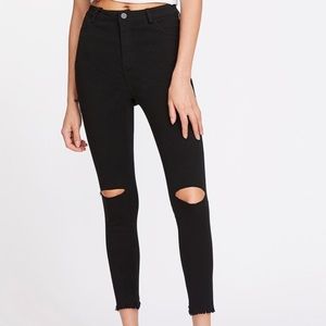 DISTRESSED HIGH WAISTED BLACK JEANS CUT OFF