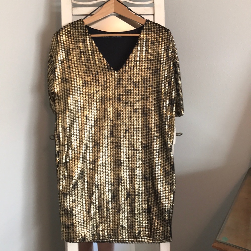 Zara Basic Black & metallic Gold tunic dress