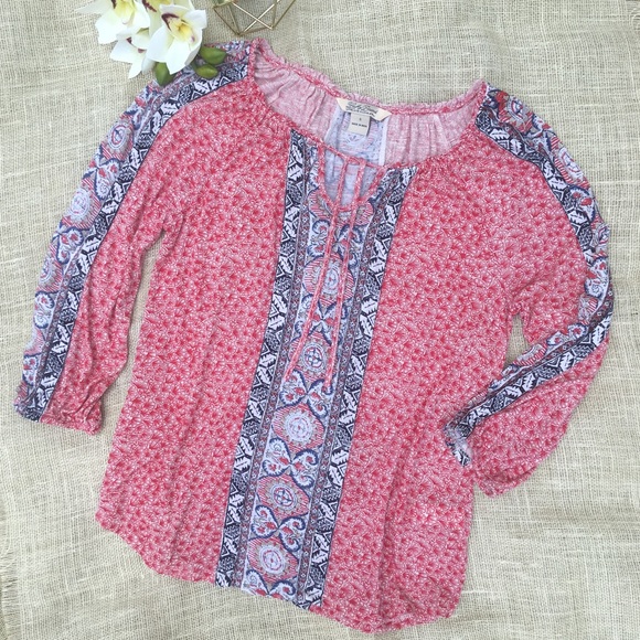 Lucky Brand Tops - Lucky Brand Boho Red Blue White 3/4 Sleeve Blouse