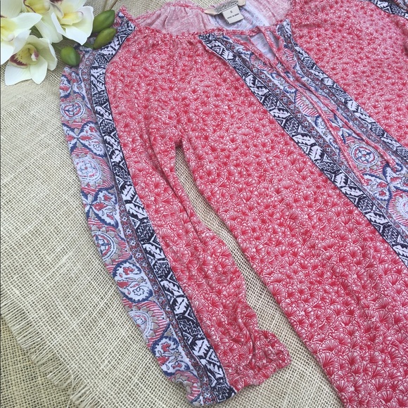 Lucky Brand Boho Red Blue White 3/4 Sleeve Blouse - Picture 3 of 8