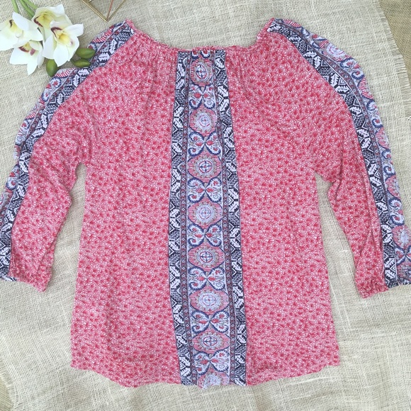 Lucky Brand Boho Red Blue White 3/4 Sleeve Blouse - Picture 5 of 8