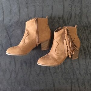 Tan booties with fringe