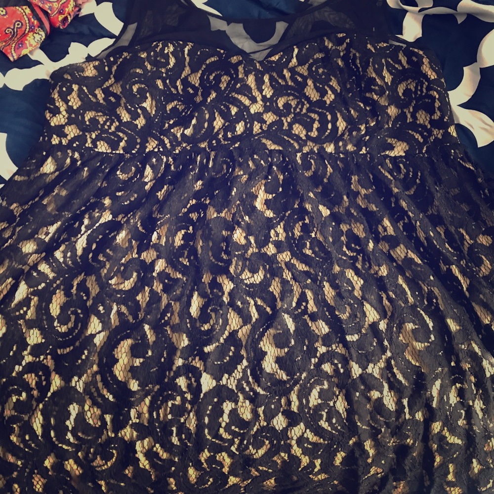 Plus size lace overlay black and gold dress