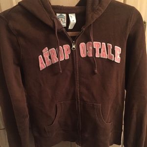 Brown Aeropostale Zip Up Hoodie with Pink Writing