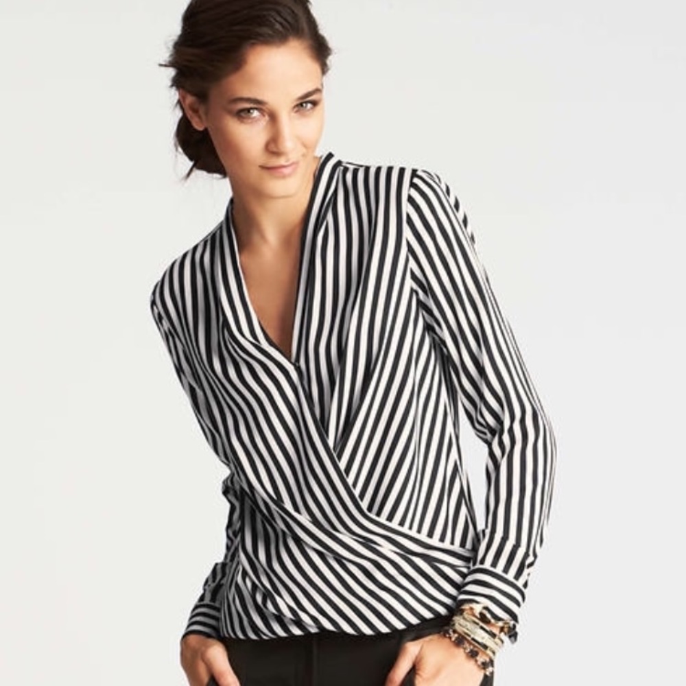 Ann Taylor Striped Long Sleeve Wrap Blouse