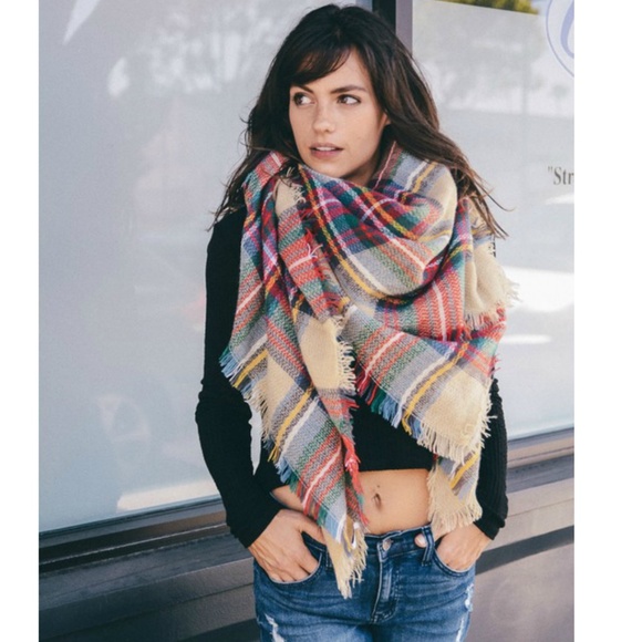 Happy Organics Boutique Accessories - Classic Khaki Plaid Soft Knit Blanket Scarf