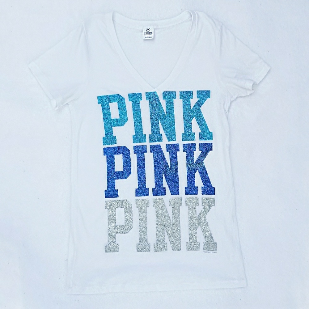 |VS PINK| Blue Glitter White Tee