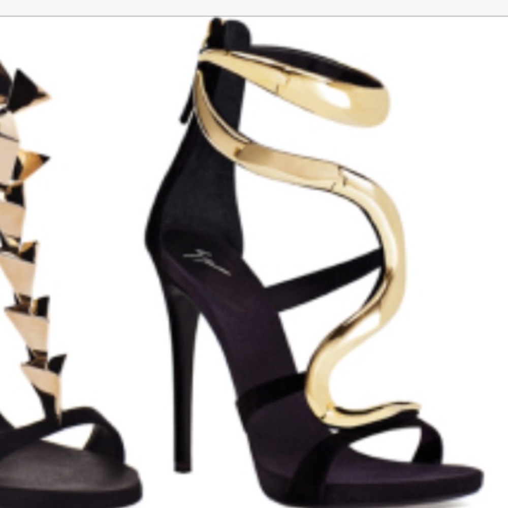 Black and gold snake charm heels