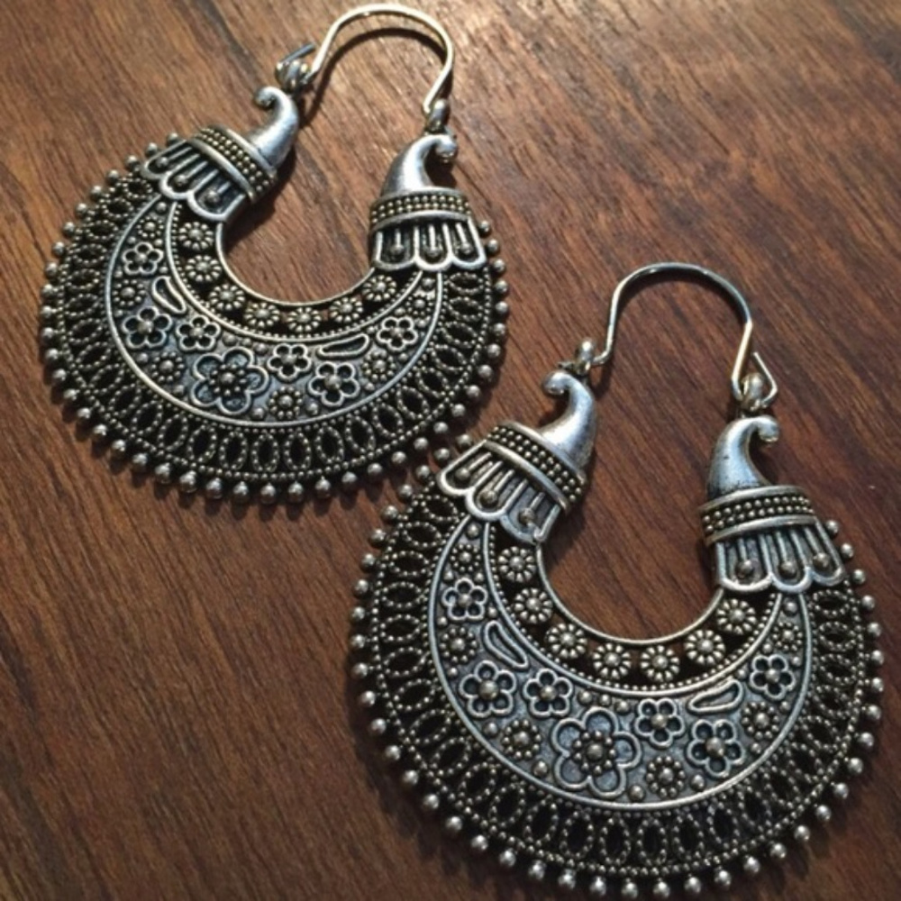 Tibetan Silver Carved Moon Drop Statement Earring