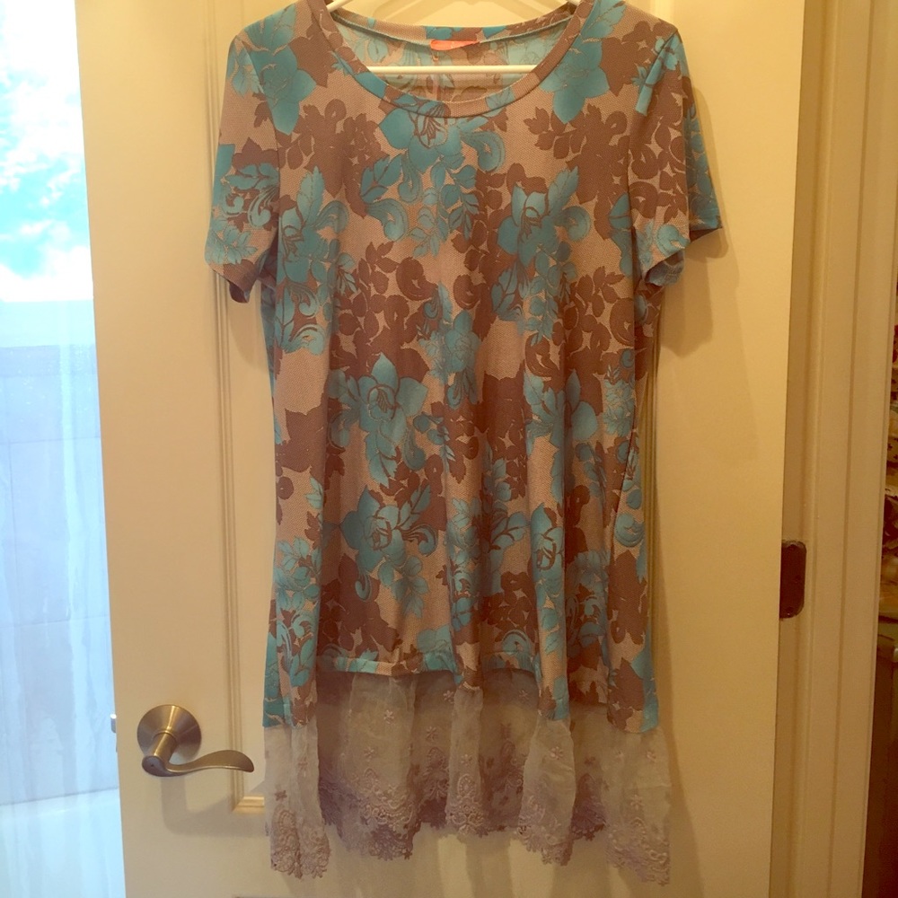 Gray and Blue Flower Print with Lace Dress.