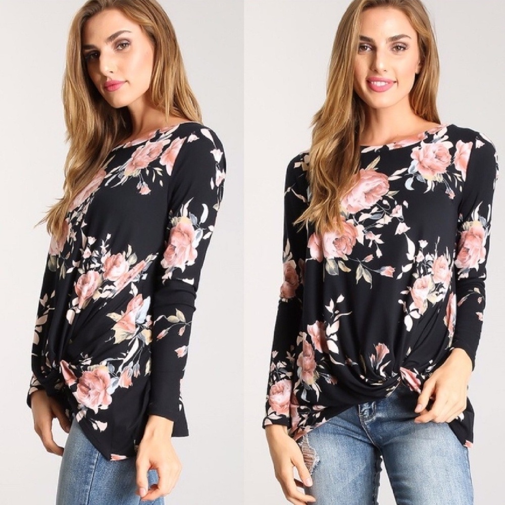 ONE Small LEFT!  floral long sleeve, twist hem