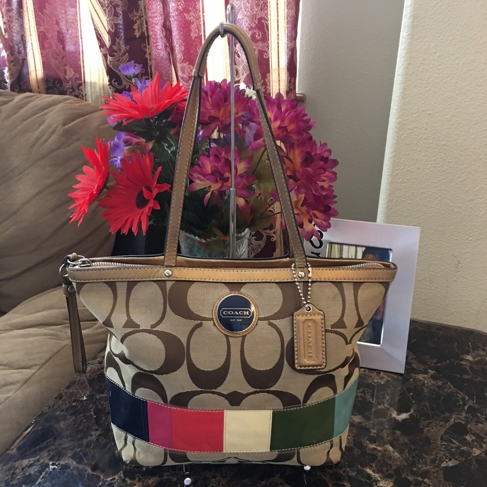 COACH Khaki Signature Legacy Stripe Gold Tote