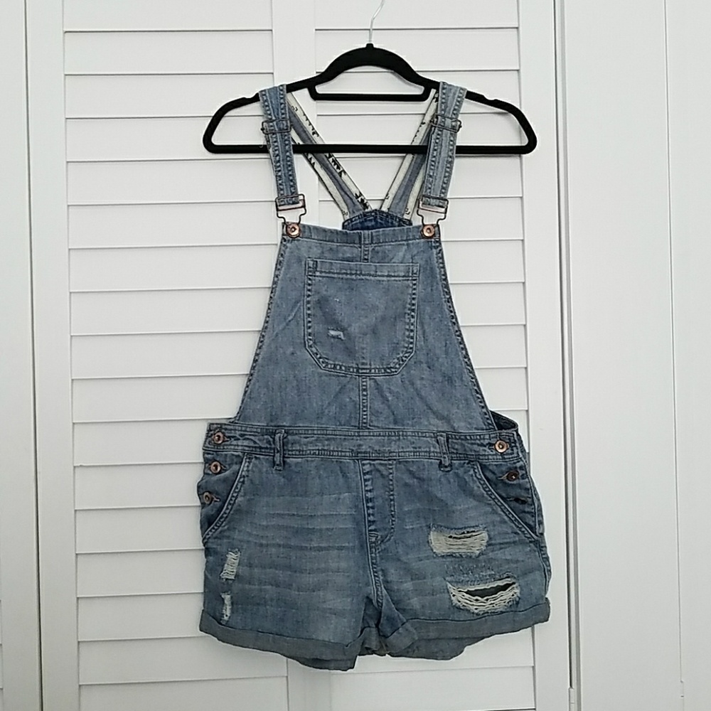 Distressed Denim Overall Shorts
