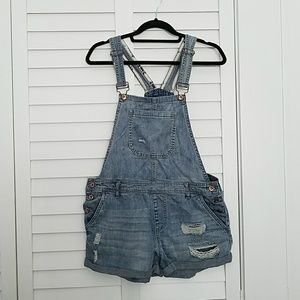 Distressed Denim Overall Shorts