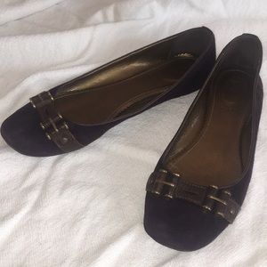 Dark purple suede J. Crew flats w/leather buckle