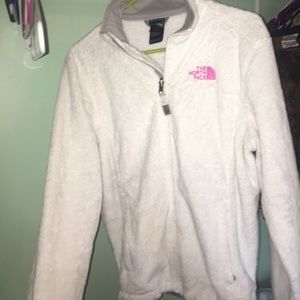 White breast cancer awareness north face coat
