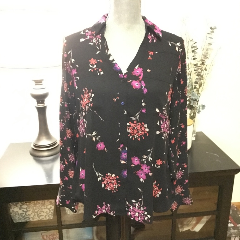 Black blouse with plum and pink floral print