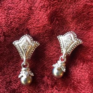 Judith Ripka Silver, CZ and Gray Pearl Earting