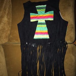 *SOLD* Crazy Train Black Fringe Cross Vest, Large