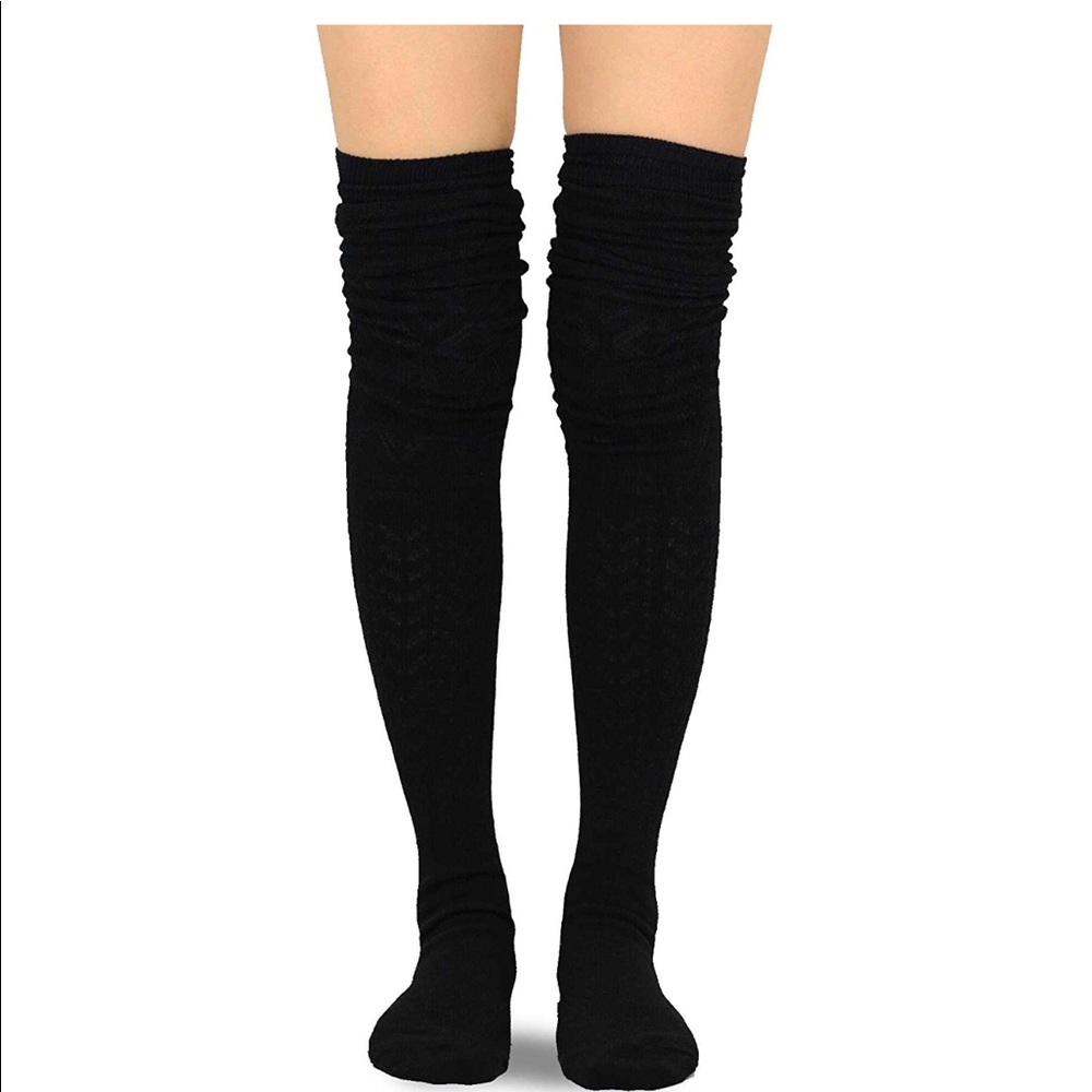 Cable Knit Black Thigh High Socks