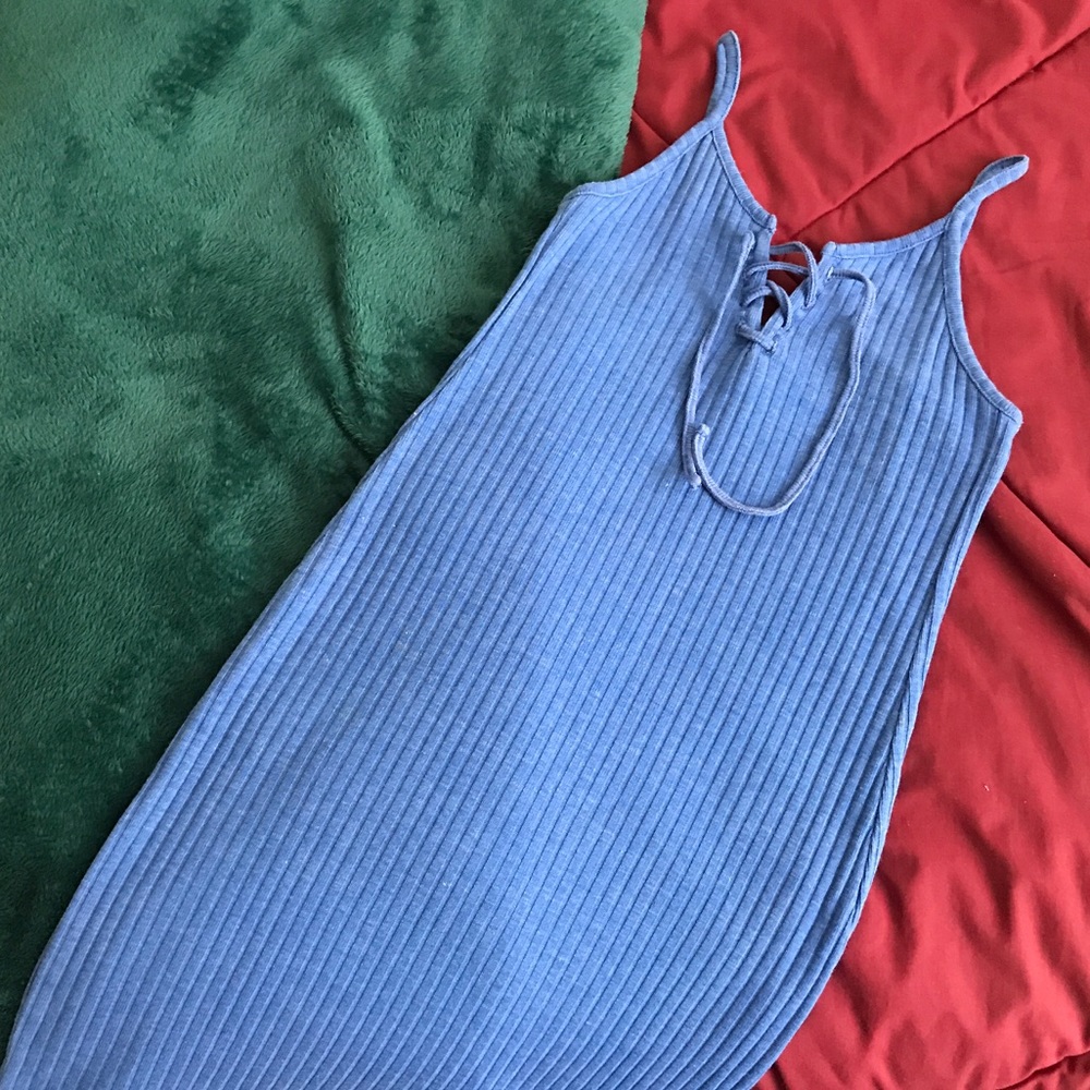 Blue, ribbed, mini, bodycon lace up dress!
