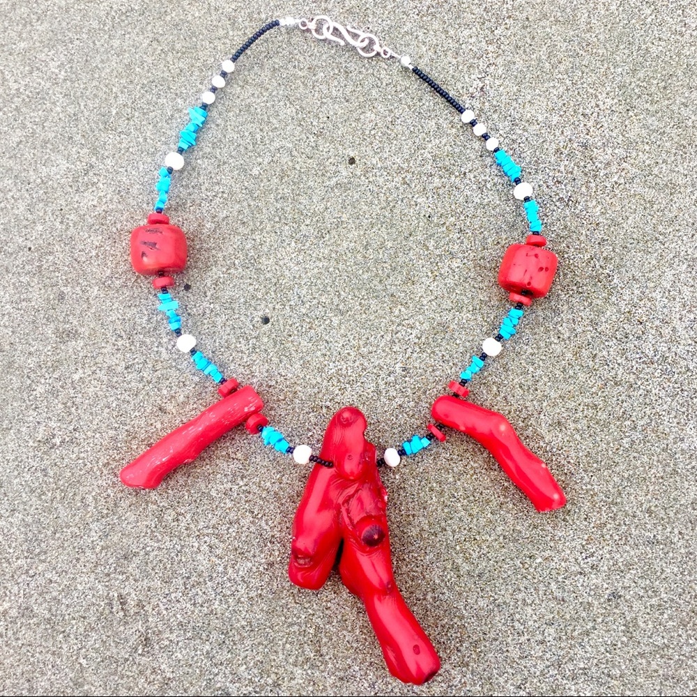 Coral, turquoise, river pearl goddess necklace