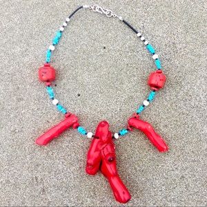 Coral, turquoise, river pearl goddess necklace