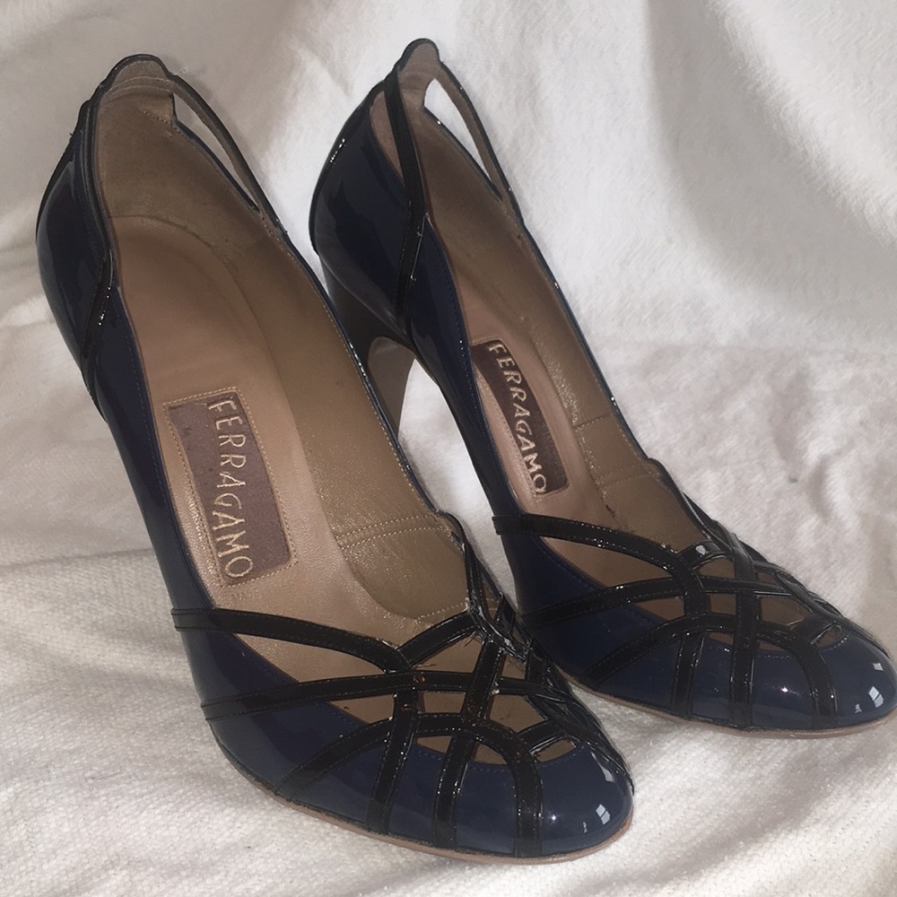 Navy and Black lattice Salvatore Ferragamo heels