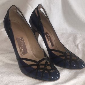 Navy and Black lattice Salvatore Ferragamo heels