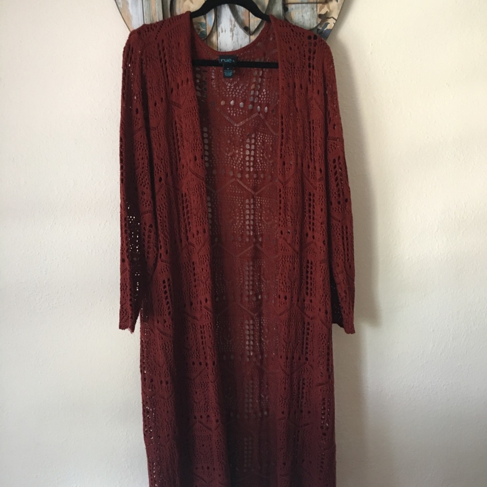Crochet duster Rue21 plus 3X. Hits below the knees