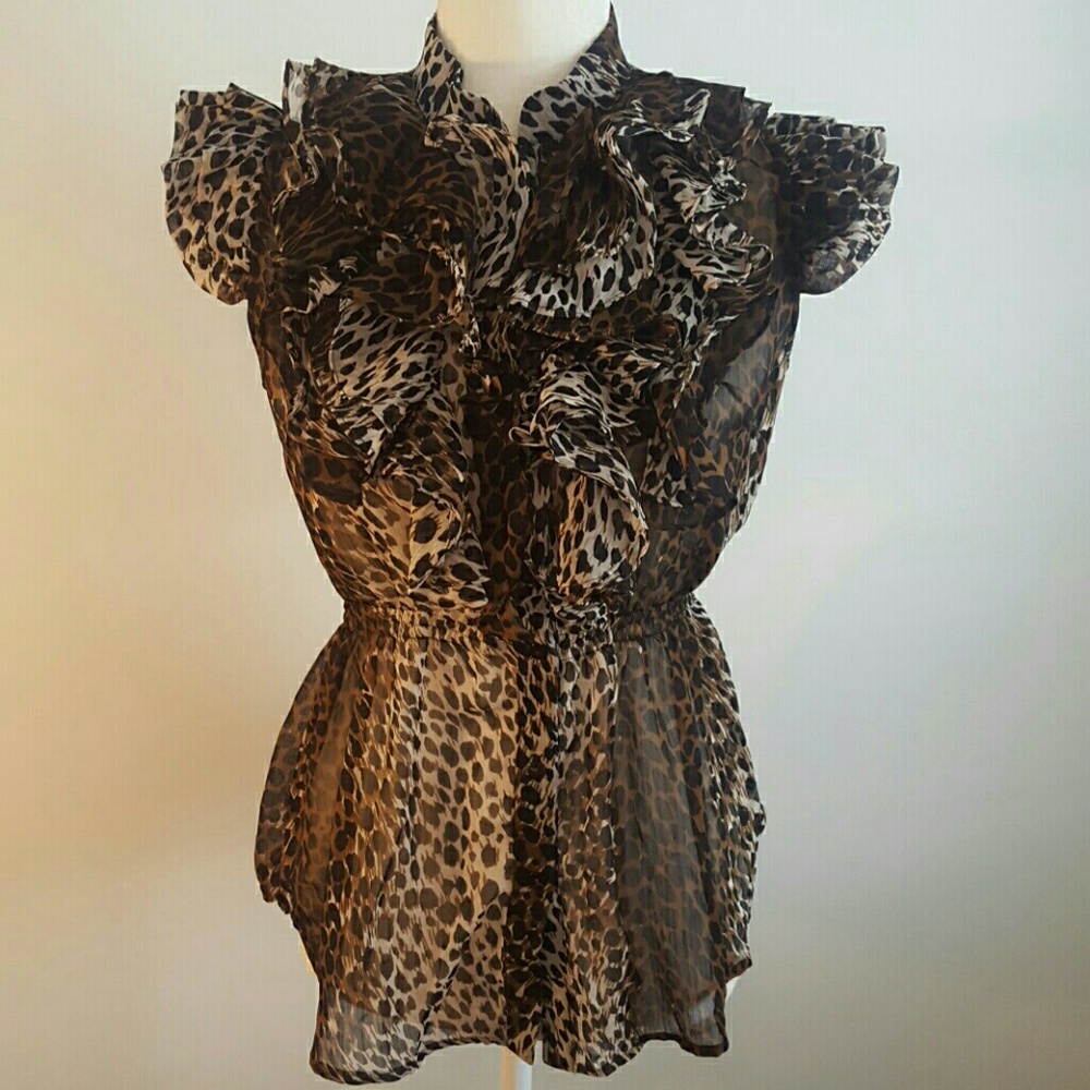 Sheer Leopard Print Button Down Fitted Top