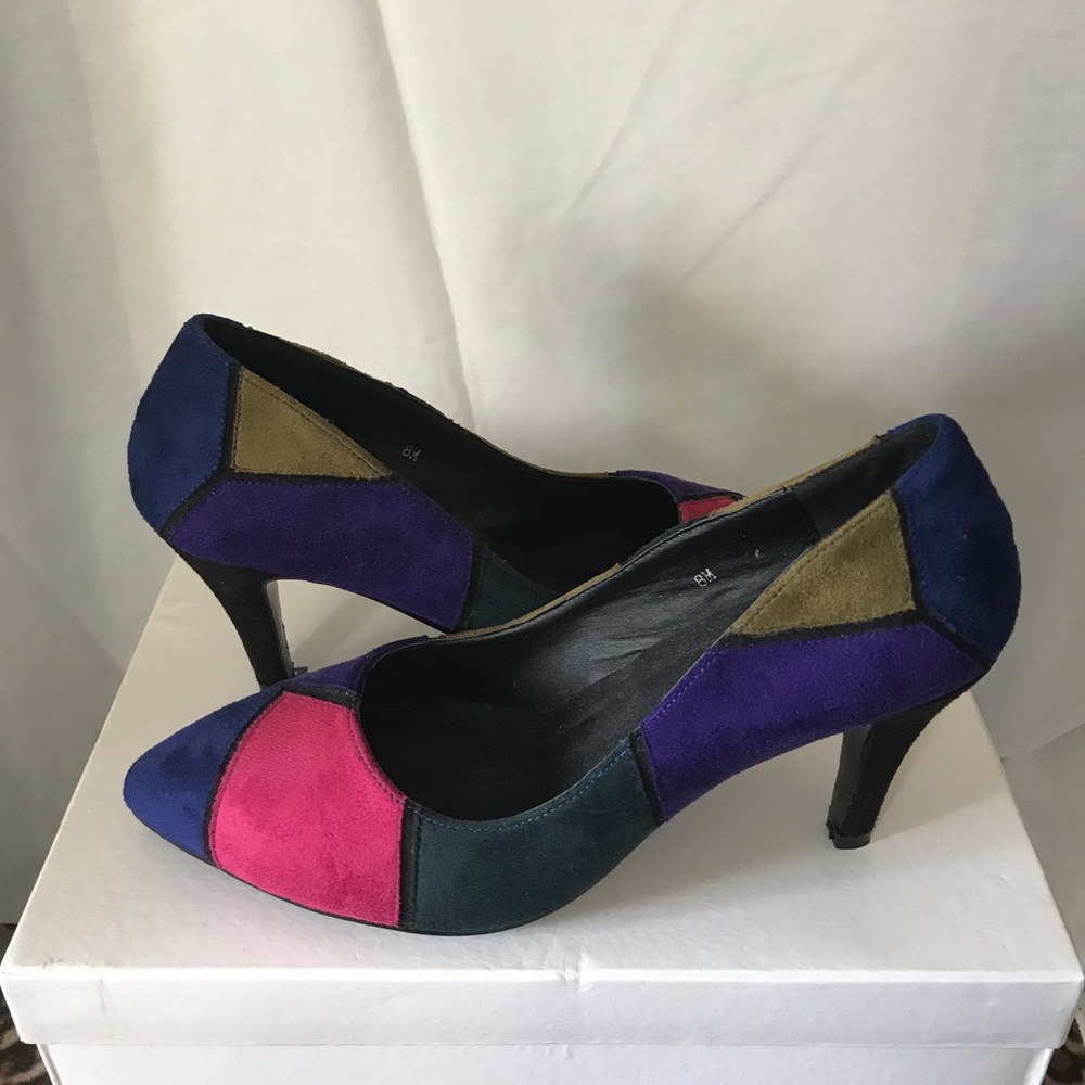 Multi color suede shoes. Heels are 4.5 inches
