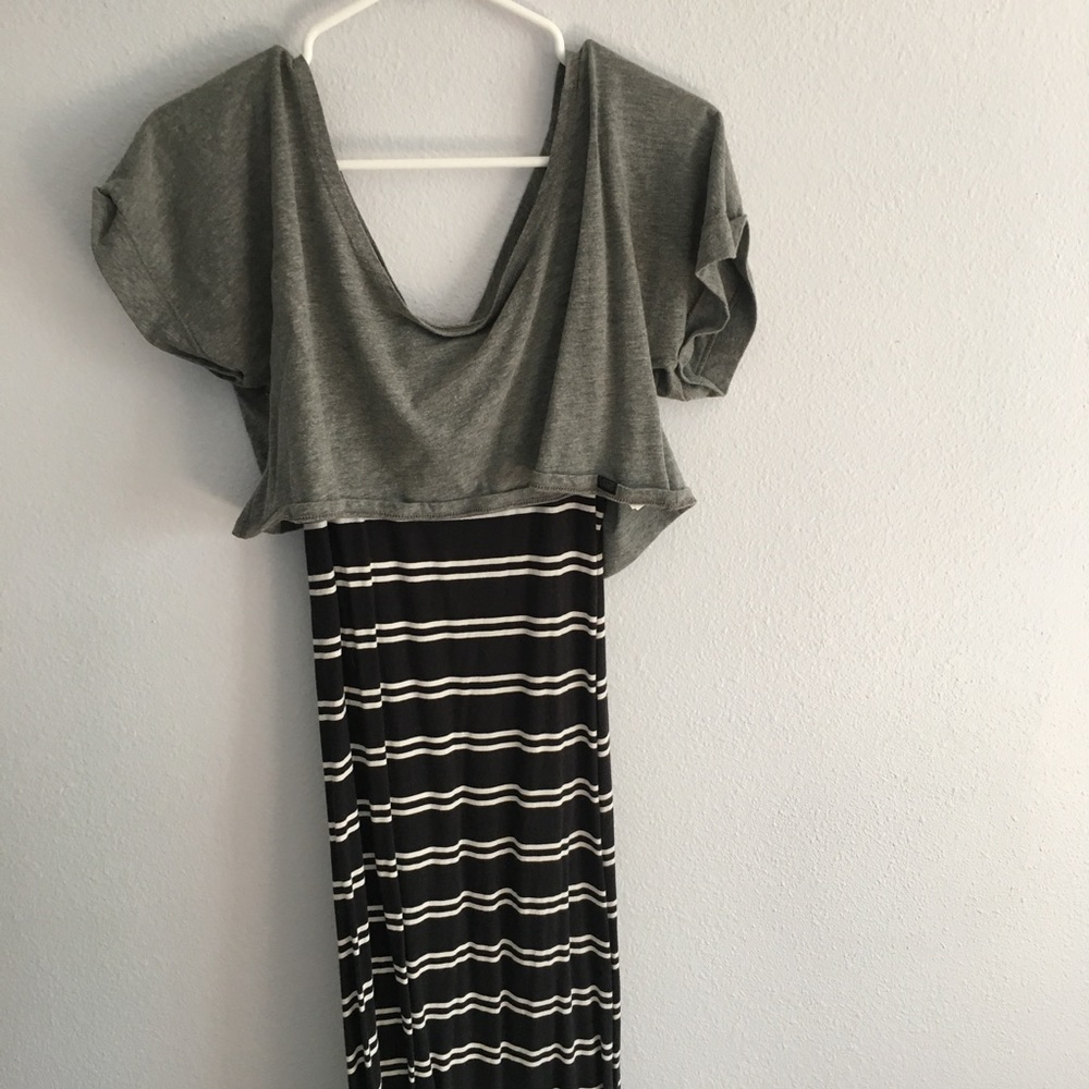 Navy striped maxi with gray crop top