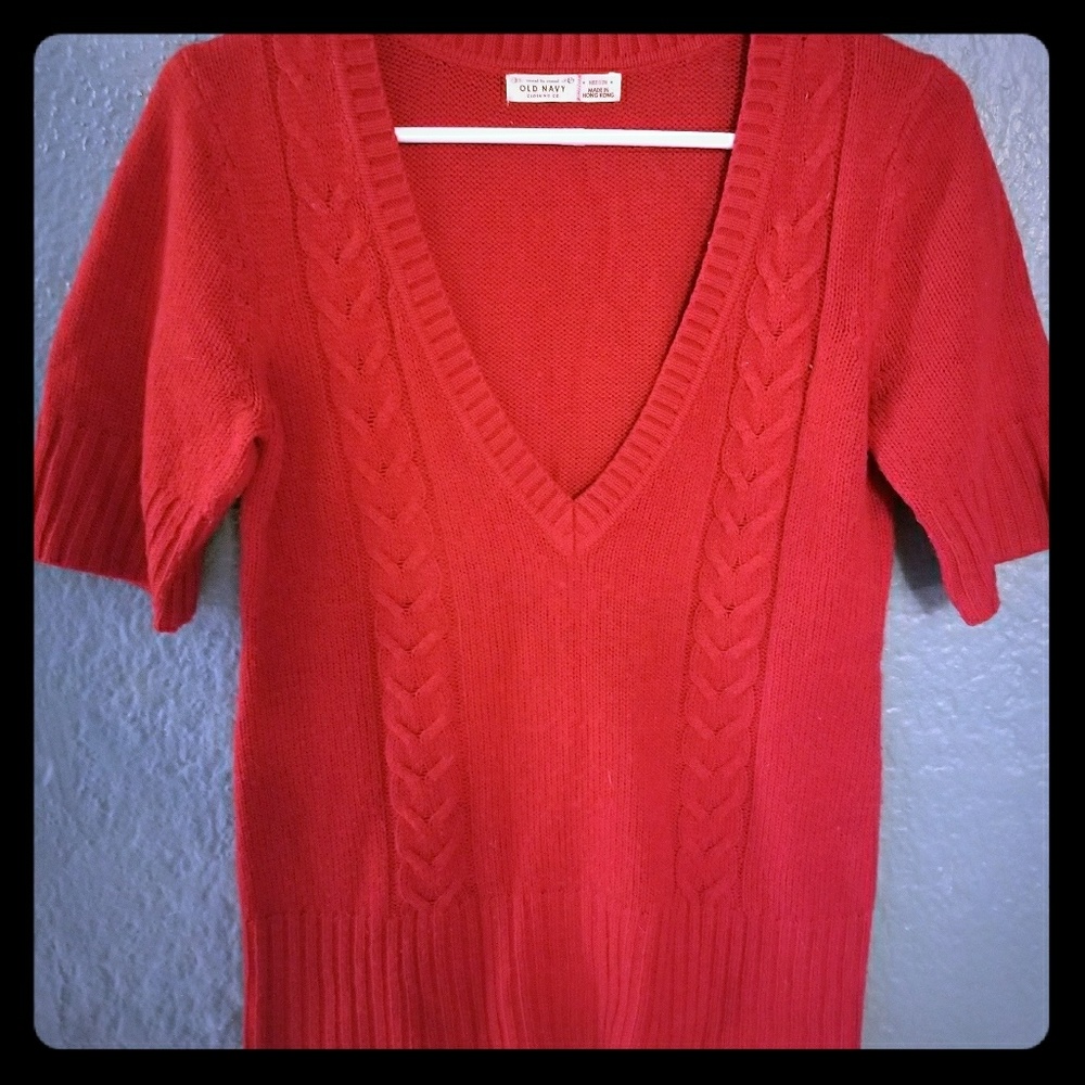 Red, V-neck, short sleeve sweater