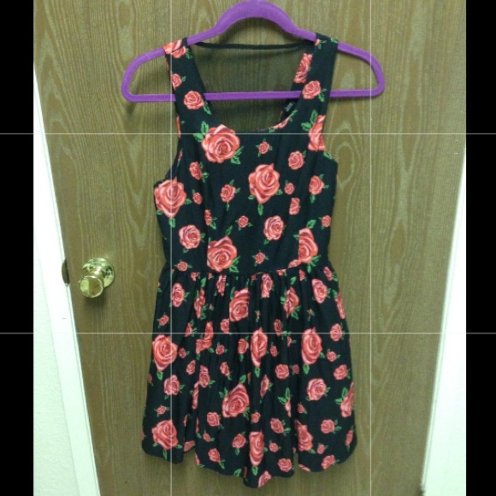 Black dress with Pink Roses and Mesh V-Back