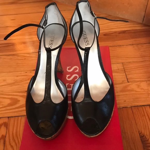 Black Leather & Cork Guess Heels - Picture 1 of 5