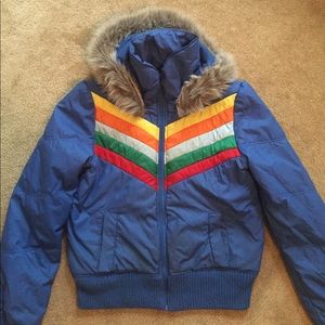 Jack by BB Dakota rainbow puffer w/ faux fur hood