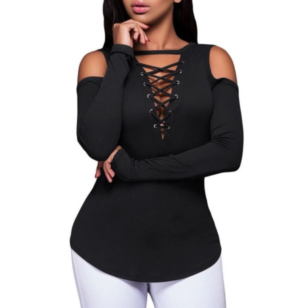 Shoulderless Long-Sleeve Top w/ Lace-up Front - Picture 3 of 3