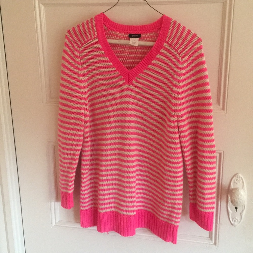 J Crew neon pink striped cotton v-neck sweater