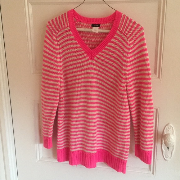 J Crew neon pink striped cotton v-neck sweater - Picture 1 of 4
