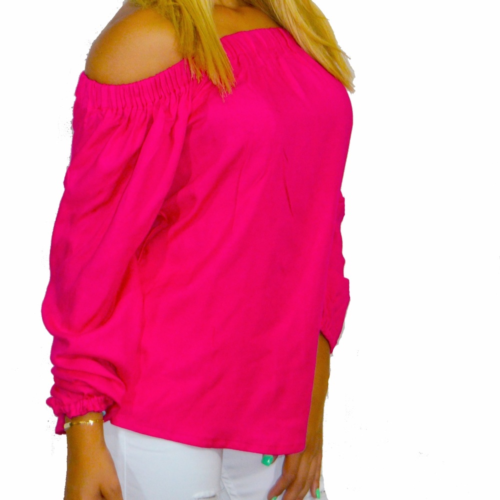 Cute Hot Pink Long Sleeve Off Shoulder Top