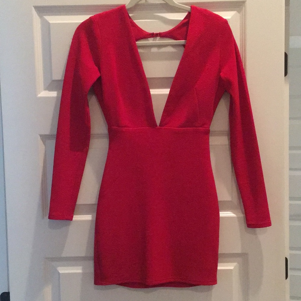 Red vintage deep v-neck long sleeve dress