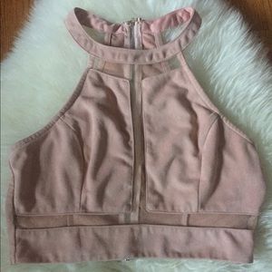 Pink faux suede top with mesh