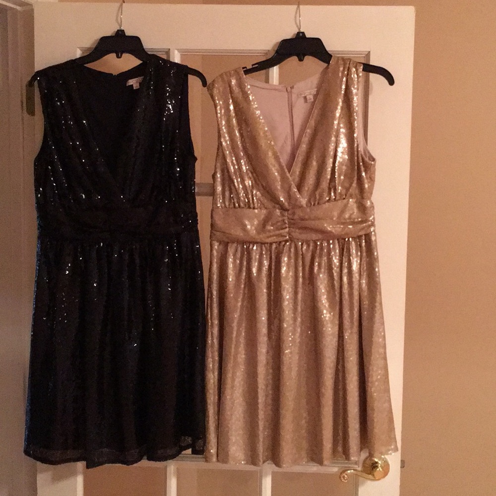 Black and gold sequined cocktail dresses.