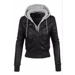 Faux leather black jacket with grey hood