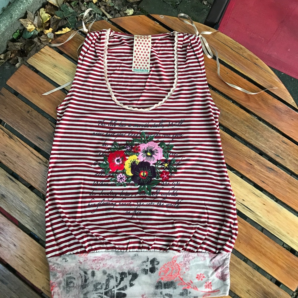 Playful mixed media embroidered top