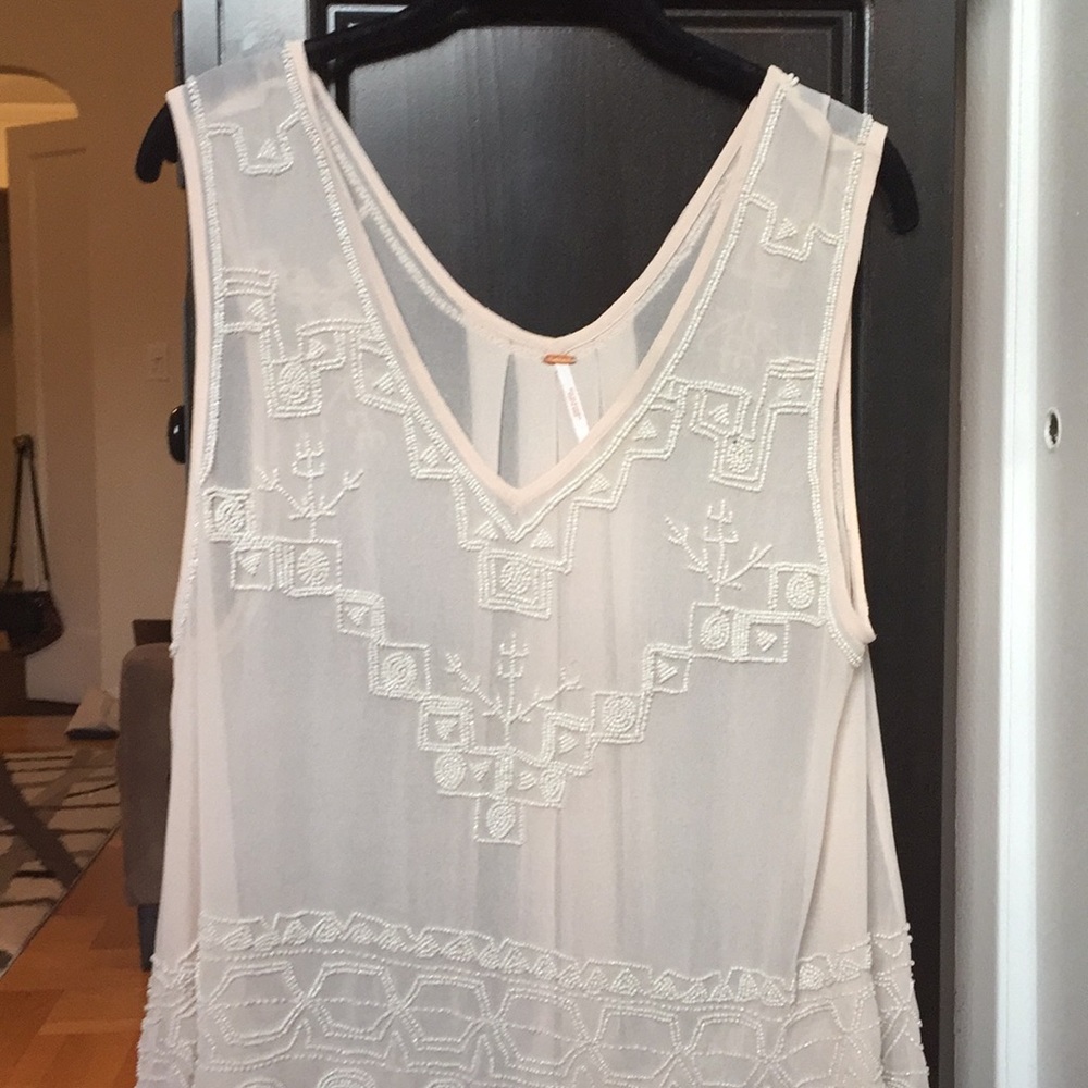 Free People sheer pink tank with white beading