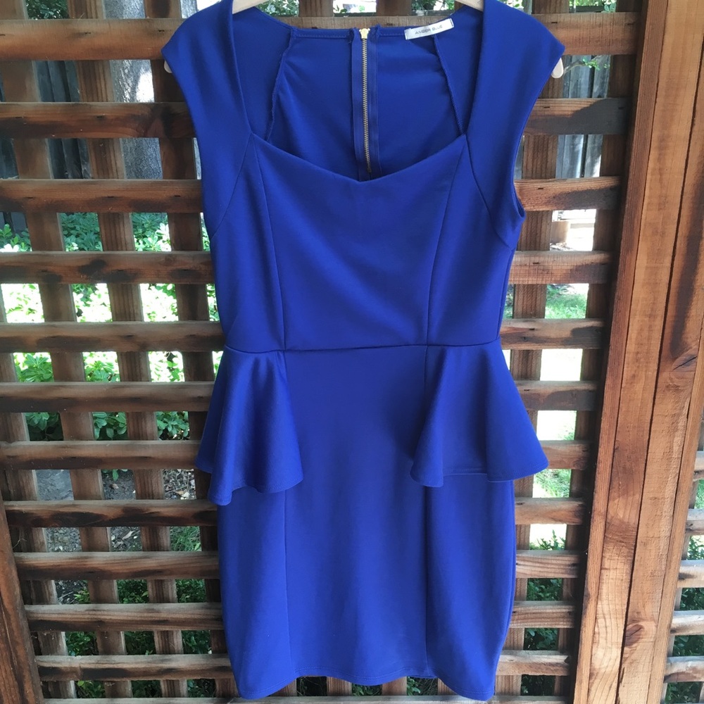 NWOT Amber Blue stretchy, blue peplum dress