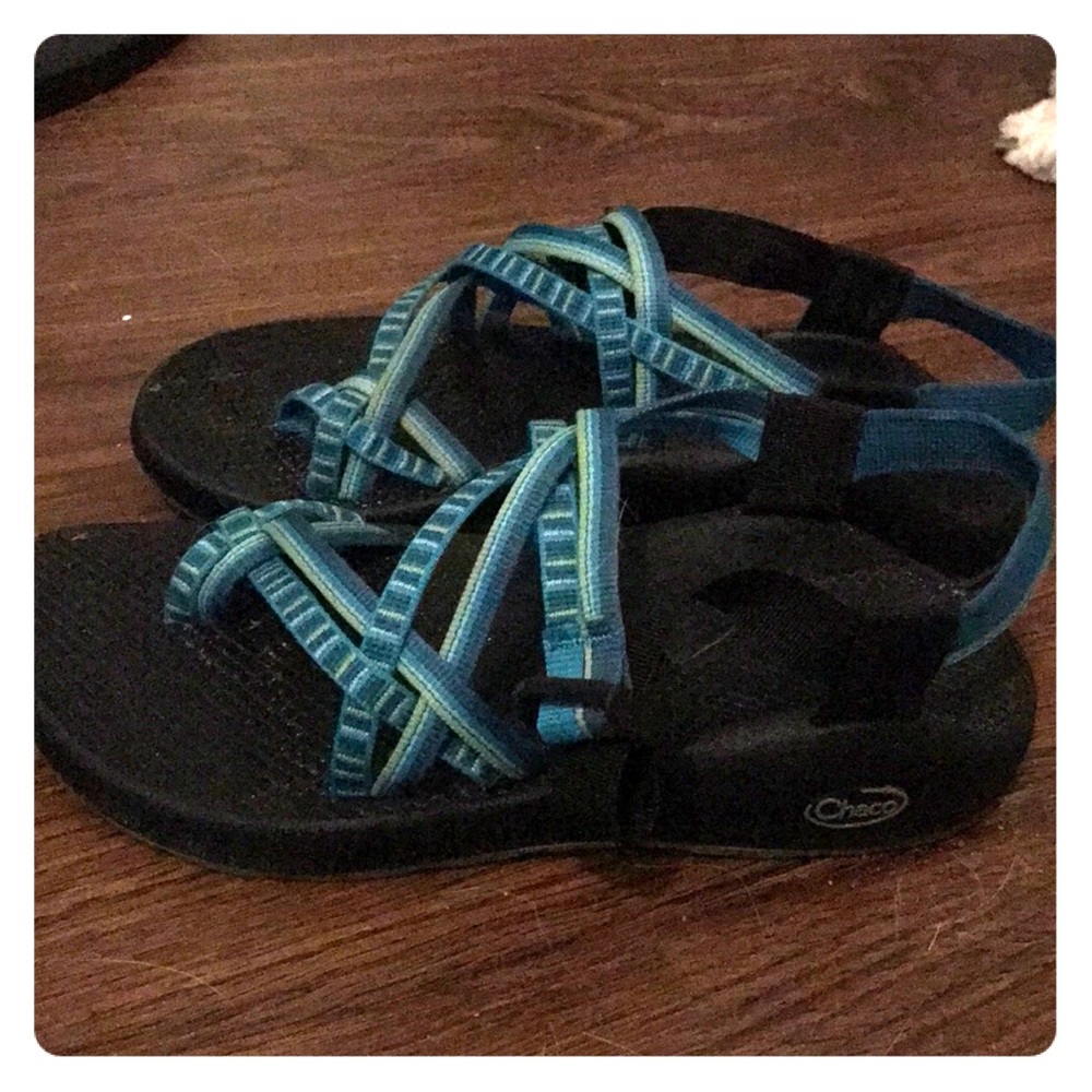 Chacos with blue and green straps